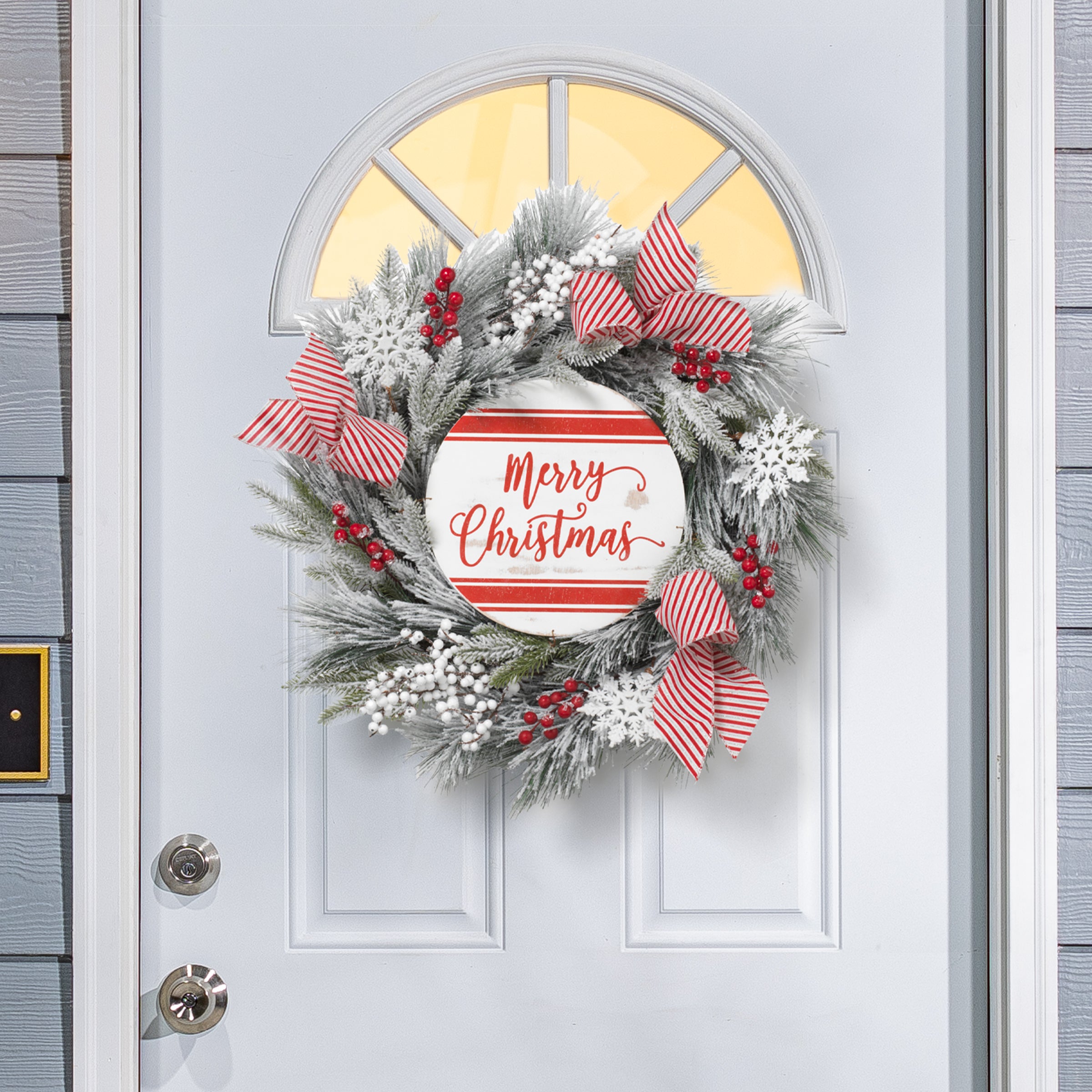 24 in Flocked Merry Christmas Wreath with Snowflakes